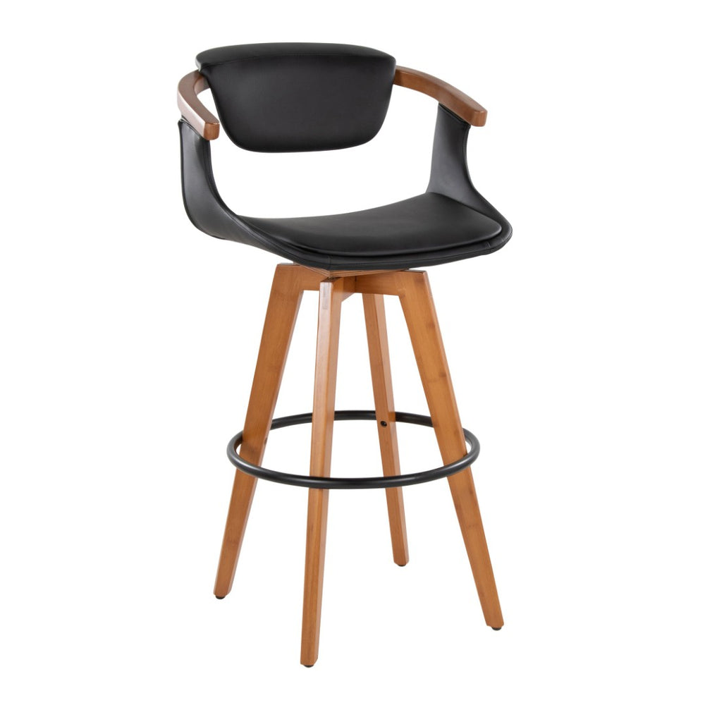 English Elm Mid-Century Modern Bamboo Swivel Barstool with Faux Leather Seat and Metal Footrest Black B202P290895