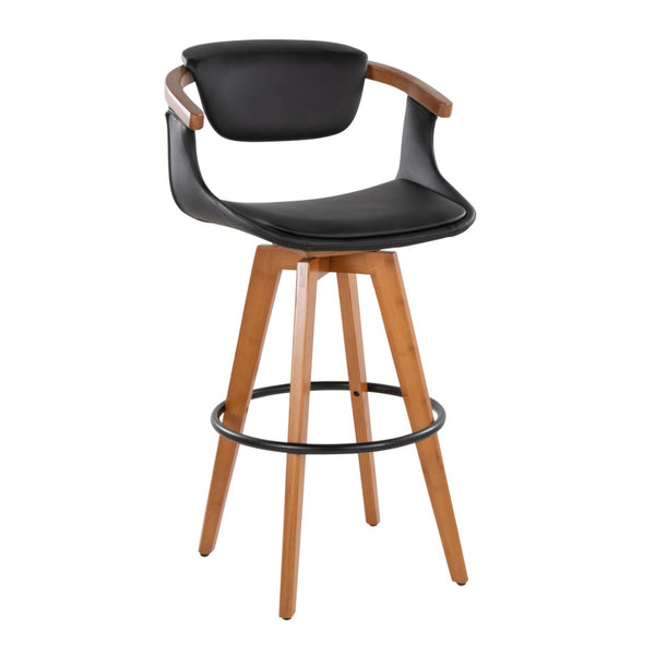 English Elm Mid-Century Modern Bamboo Swivel Barstool with Faux Leather Seat and Metal Footrest Black B202P290895