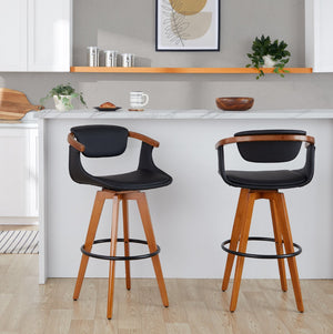 English Elm Mid-Century Modern Bamboo Swivel Barstool with Faux Leather Seat and Metal Footrest Black B202P290895