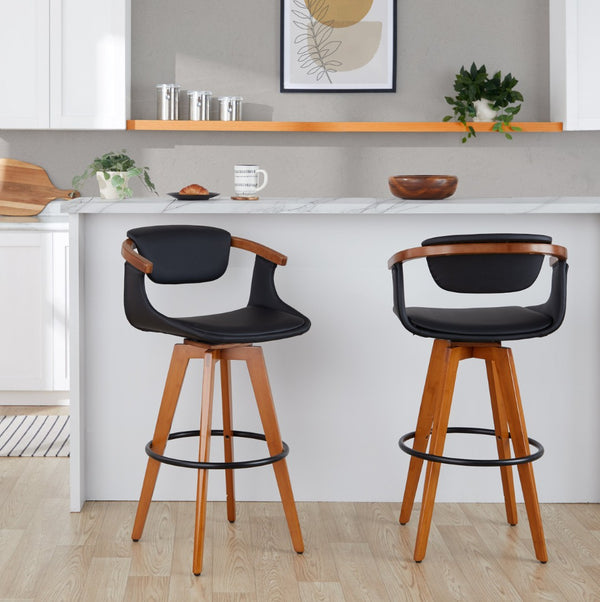English Elm Mid-Century Modern Bamboo Swivel Barstool with Faux Leather Seat and Metal Footrest Black B202P290895
