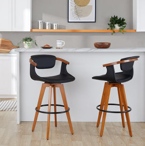 English Elm Mid-Century Modern Bamboo Swivel Barstool with Faux Leather Seat and Metal Footrest Black B202P290895