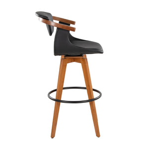 English Elm Mid-Century Modern Bamboo Swivel Barstool with Faux Leather Seat and Metal Footrest Black B202P290895