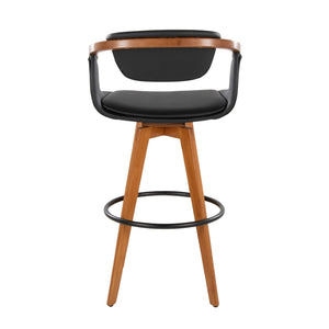 English Elm Mid-Century Modern Bamboo Swivel Barstool with Faux Leather Seat and Metal Footrest Black B202P290895