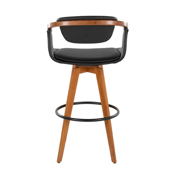 English Elm Mid-Century Modern Bamboo Swivel Barstool with Faux Leather Seat and Metal Footrest Black B202P290895