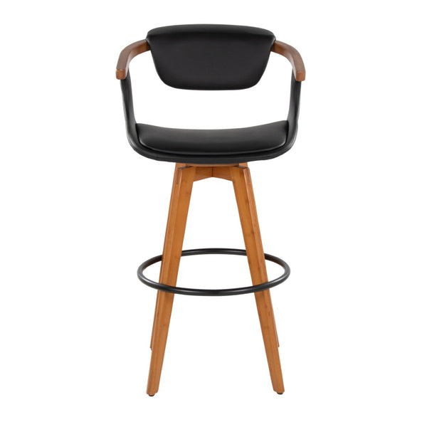 English Elm Mid-Century Modern Bamboo Swivel Barstool with Faux Leather Seat and Metal Footrest Black B202P290895