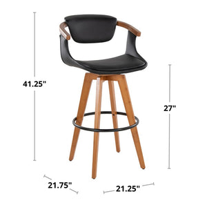 English Elm Mid-Century Modern Bamboo Swivel Barstool with Faux Leather Seat and Metal Footrest Black B202P290895