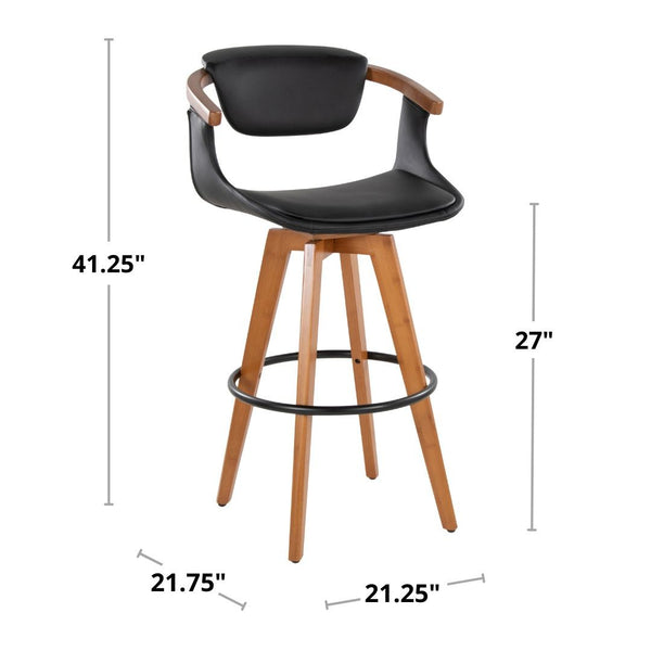 English Elm Mid-Century Modern Bamboo Swivel Barstool with Faux Leather Seat and Metal Footrest Black B202P290895