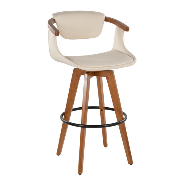English Elm Mid-Century Modern Bamboo Swivel Barstool with Faux Leather Seat and Metal Footrest Cream B202P290896