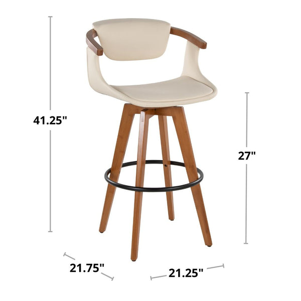 English Elm Mid-Century Modern Bamboo Swivel Barstool with Faux Leather Seat and Metal Footrest Cream B202P290896