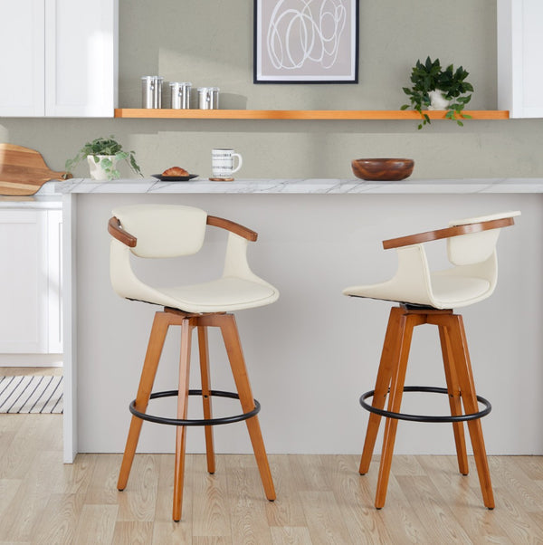 English Elm Mid-Century Modern Bamboo Swivel Barstool with Faux Leather Seat and Metal Footrest Cream B202P290896