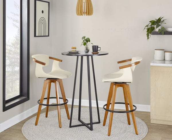 English Elm Mid-Century Modern Bamboo Swivel Barstool with Faux Leather Seat and Metal Footrest Cream B202P290896