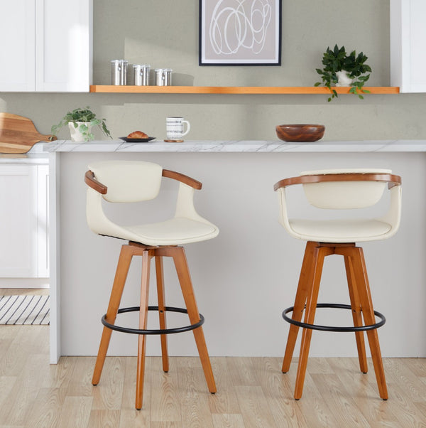 English Elm Mid-Century Modern Bamboo Swivel Barstool with Faux Leather Seat and Metal Footrest Cream B202P290896