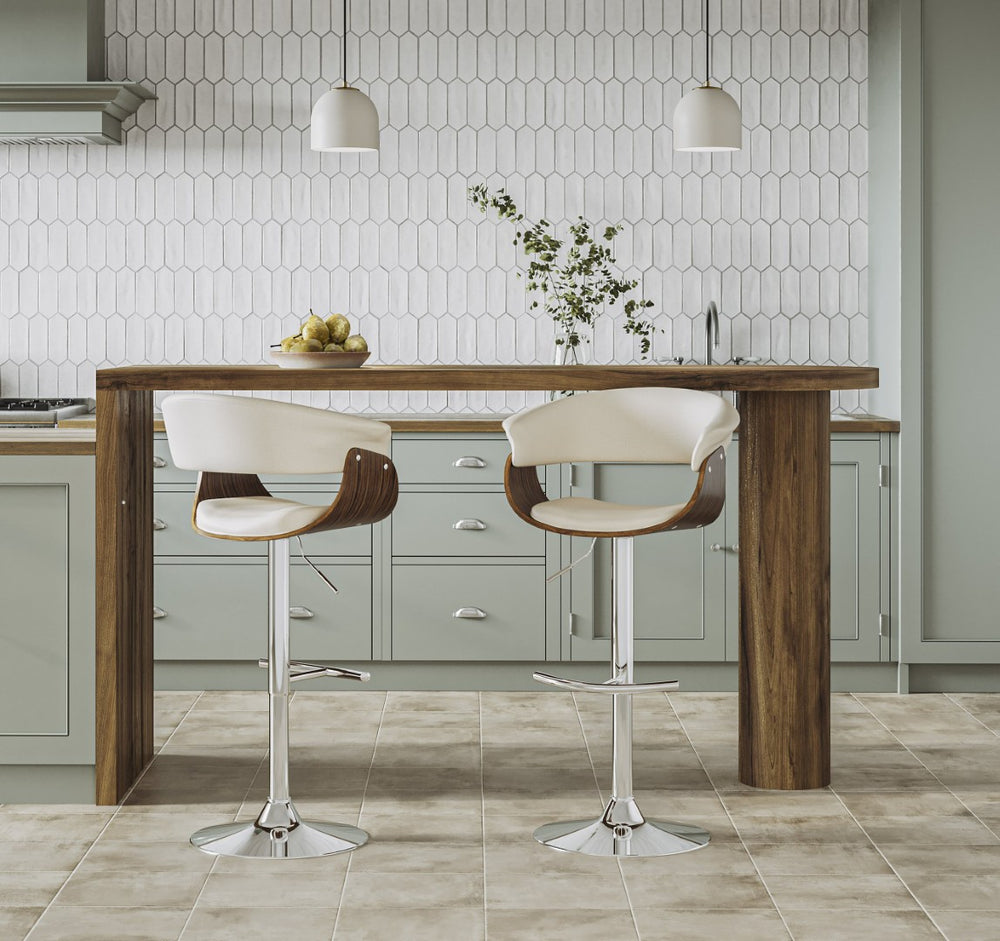 English Elm Mid-century Modern Swivel Barstool Walnut Accents Chrome Base Upholstered Kitchen Seat B202P290899