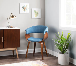 English Elm Mid-century Modern Accent Chair Curved Bentwood Frame Walnut Finish Blue Upholstered Seat B202P290934