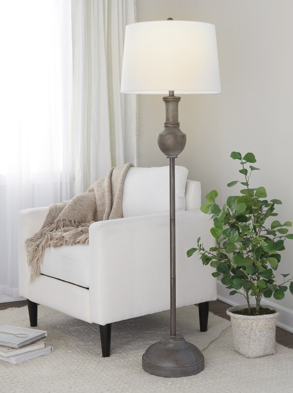 English Elm 61" Polyresin Wood Grain Floor Lamp with Tapered Linen Shade for Living Room Decor B202P290955