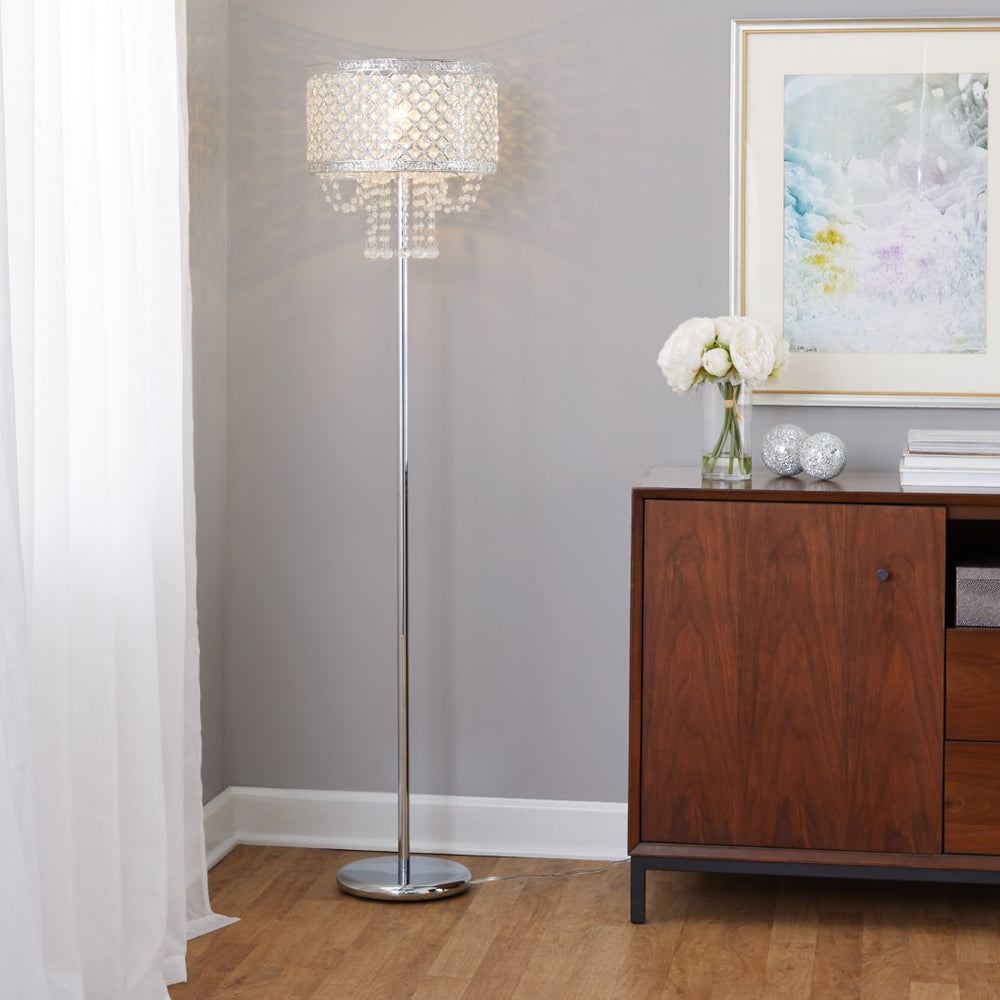 English Elm 60" Polished Chrome Floor Lamp with Crystal Drum Shade for Glam Living Rooms B202P290956