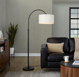 English Elm 72" Arched Oil Bronze Floor Lamp with Linen Drum Shade for Living Room Ambiance B202P290957