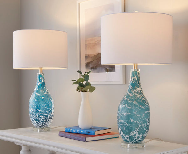 English Elm 29" Sapphire Glass Table Lamp Set with Crystal Base and Linen Drum Shade for Nightstands B202P290959