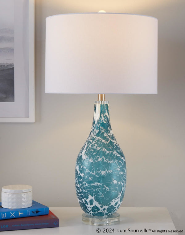 English Elm 29" Sapphire Glass Table Lamp Set with Crystal Base and Linen Drum Shade for Nightstands B202P290959