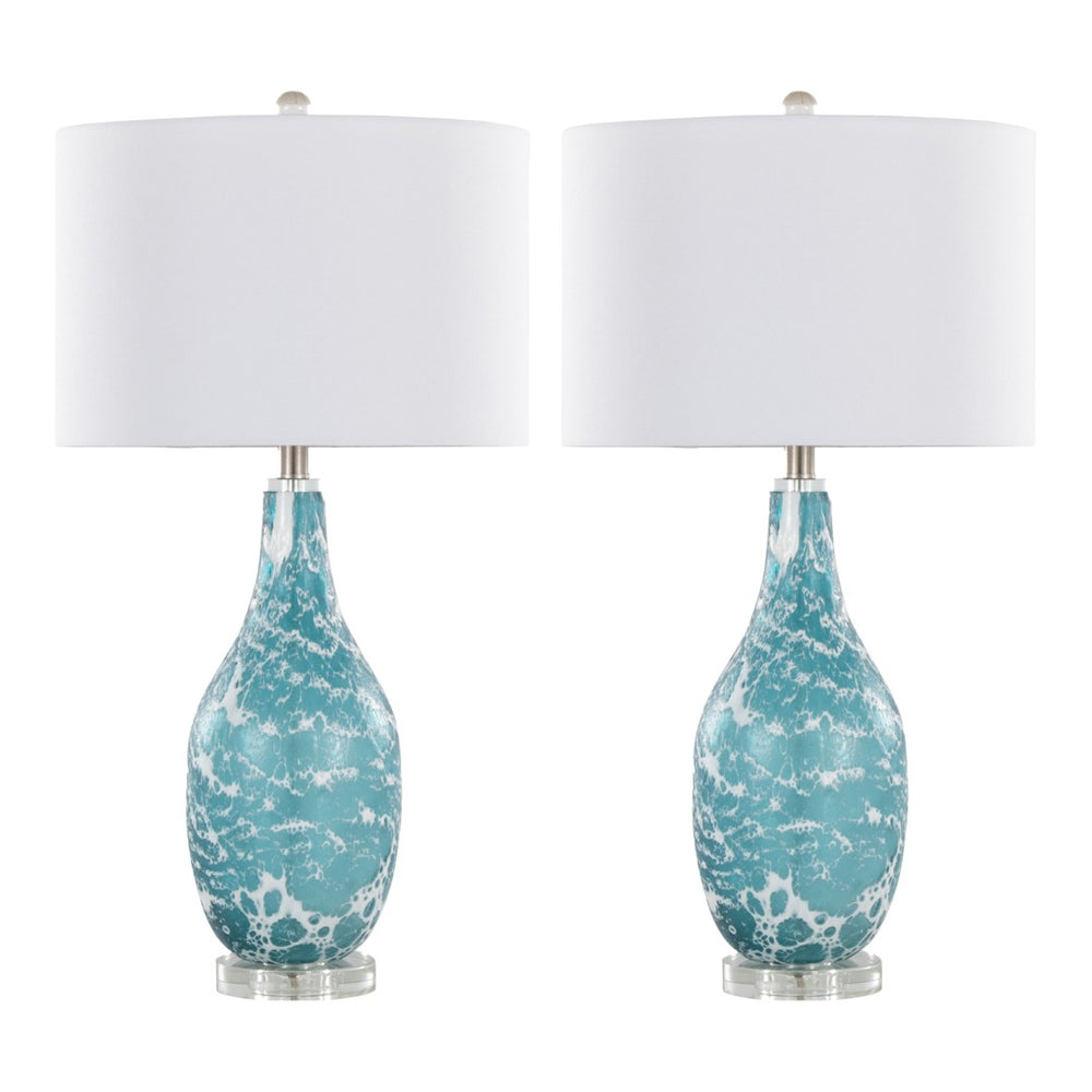 English Elm 29" Sapphire Glass Table Lamp Set with Crystal Base and Linen Drum Shade for Nightstands B202P290959