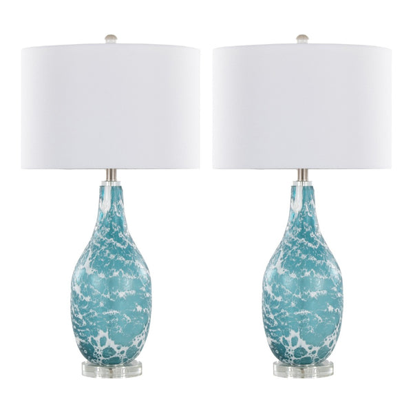 English Elm 29" Sapphire Glass Table Lamp Set with Crystal Base and Linen Drum Shade for Nightstands B202P290959