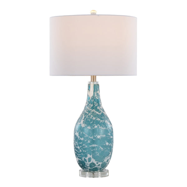 English Elm 29" Sapphire Glass Table Lamp Set with Crystal Base and Linen Drum Shade for Nightstands B202P290959