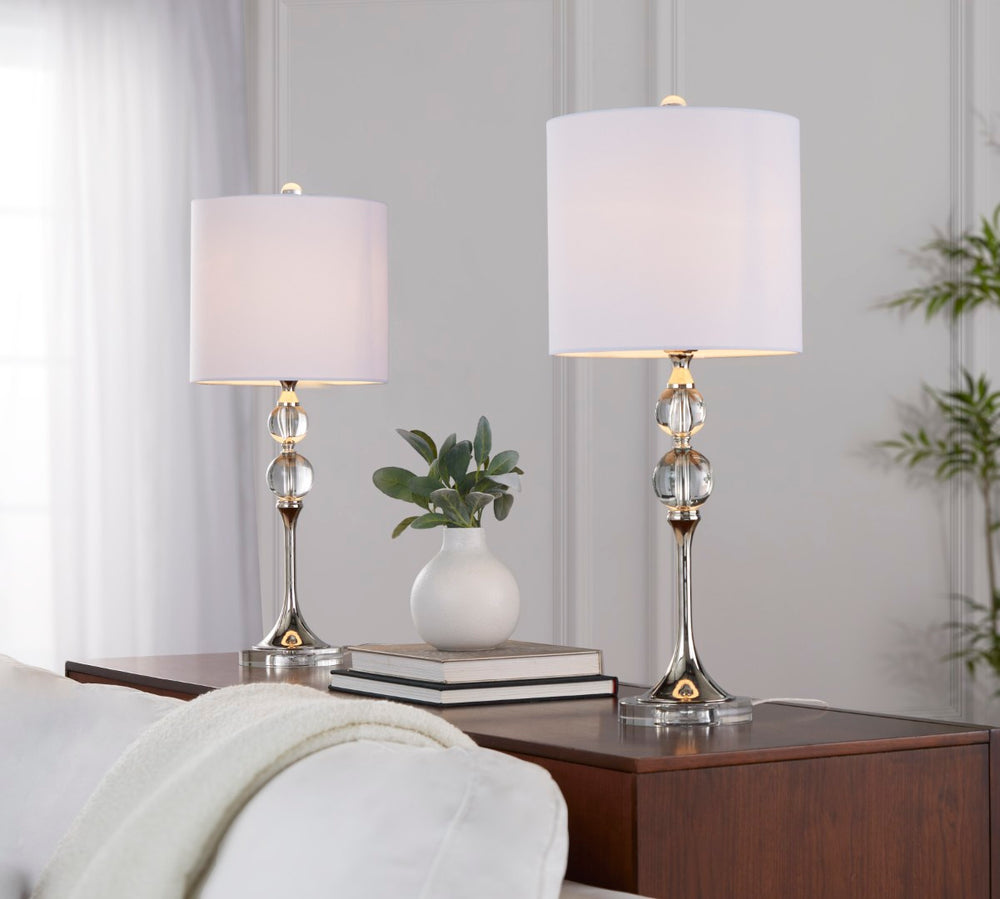 English Elm 26" Crystal Column Table Lamps with Linen Drum Shades Polished Nickel Set of 2 B202P290960
