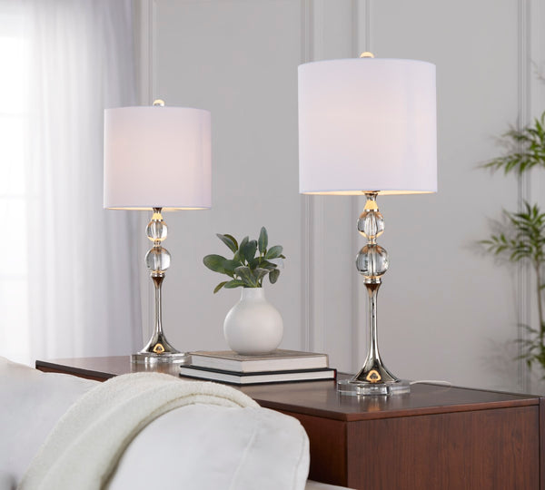English Elm 26" Crystal Column Table Lamps with Linen Drum Shades Polished Nickel Set of 2 B202P290960