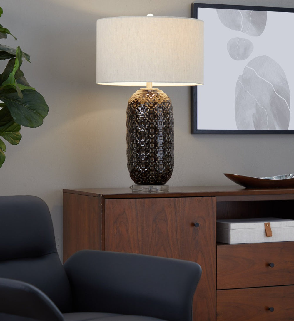 English Elm 30" Crackle Ceramic Crystal Base Table Lamp with Linen Drum Shade for Modern Interiors B202P290961