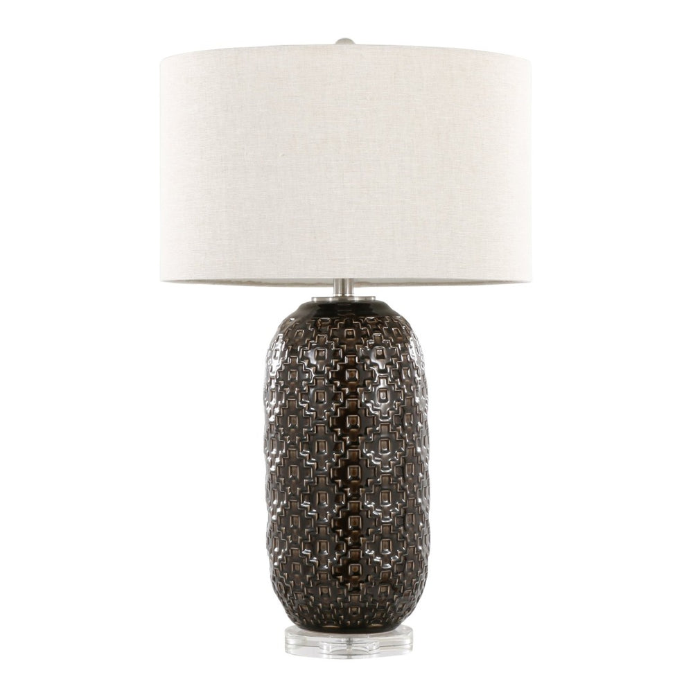 English Elm 30" Crackle Ceramic Crystal Base Table Lamp with Linen Drum Shade for Modern Interiors B202P290961