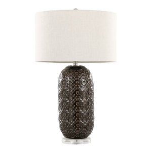 English Elm 30" Crackle Ceramic Crystal Base Table Lamp with Linen Drum Shade for Modern Interiors B202P290961