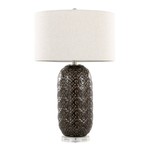 English Elm 30" Crackle Ceramic Crystal Base Table Lamp with Linen Drum Shade for Modern Interiors B202P290961