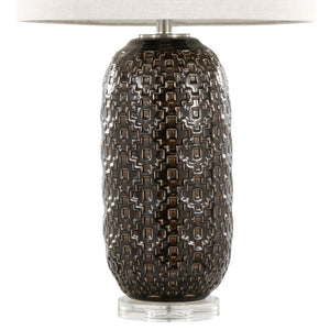 English Elm 30" Crackle Ceramic Crystal Base Table Lamp with Linen Drum Shade for Modern Interiors B202P290961