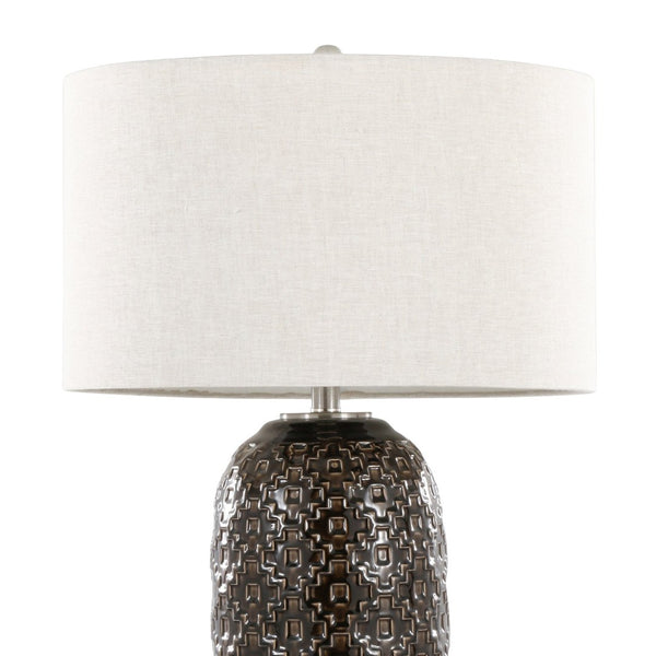 English Elm 30" Crackle Ceramic Crystal Base Table Lamp with Linen Drum Shade for Modern Interiors B202P290961