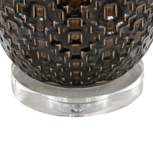 English Elm 30" Crackle Ceramic Crystal Base Table Lamp with Linen Drum Shade for Modern Interiors B202P290961