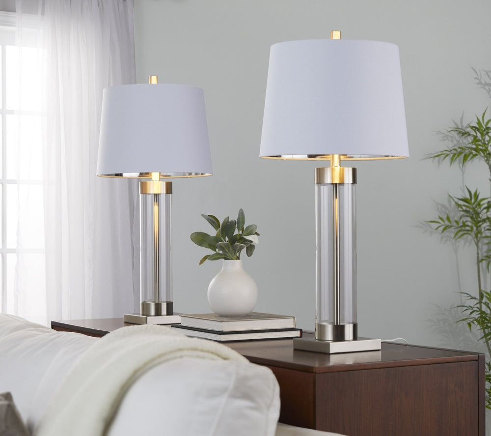 English Elm 30" Clear Glass and Brushed Nickel Table Lamps with Linen Shades for Bedroom Pairs B202P290962