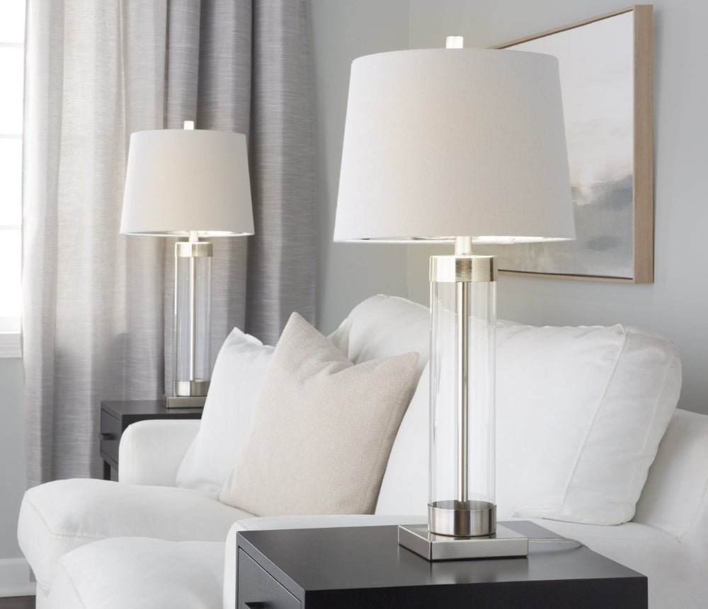English Elm 30" Clear Glass and Brushed Nickel Table Lamps with Linen Shades for Bedroom Pairs B202P290962