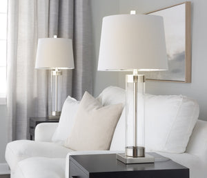 English Elm 30" Clear Glass and Brushed Nickel Table Lamps with Linen Shades for Bedroom Pairs B202P290962