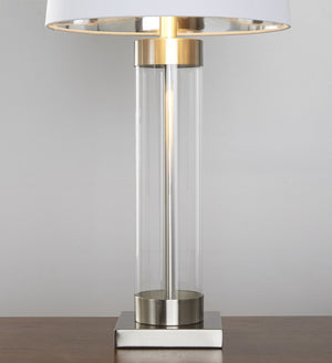 English Elm 30" Clear Glass and Brushed Nickel Table Lamps with Linen Shades for Bedroom Pairs B202P290962