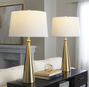 English Elm 30" Gold Metal Art Deco Table Lamp Set Brushed Linen Shade Glamorous Bedside Pair B202P290968