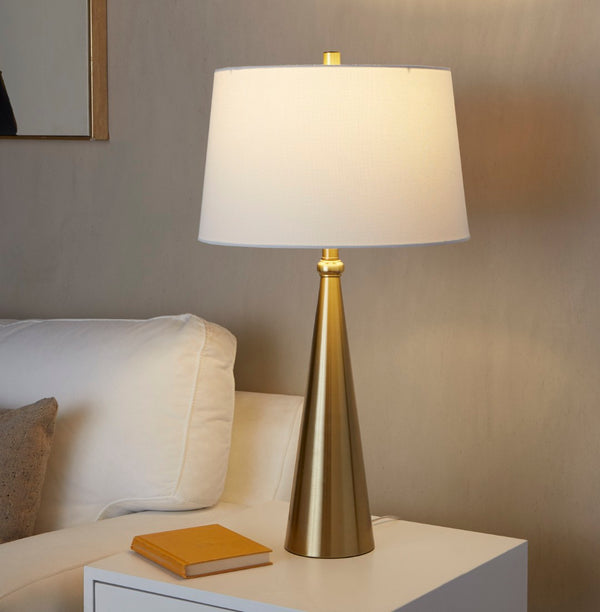 English Elm 30" Gold Metal Art Deco Table Lamp Set Brushed Linen Shade Glamorous Bedside Pair B202P290968