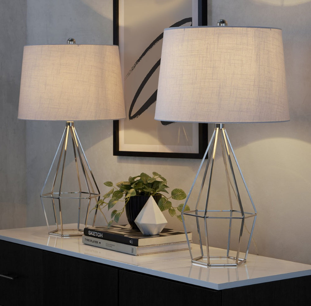 English Elm 27" Contemporary Polished Nickel Metal Lamp Set with Tapered White Linen Shade Pair B202P290974