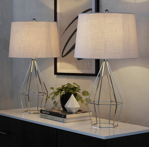 English Elm 27" Contemporary Polished Nickel Metal Lamp Set with Tapered White Linen Shade Pair B202P290974
