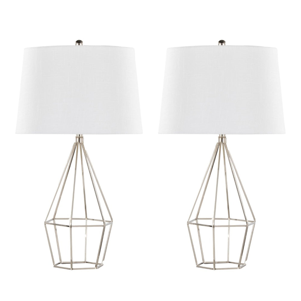 English Elm 27" Contemporary Polished Nickel Metal Lamp Set with Tapered White Linen Shade Pair B202P290974