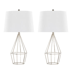 English Elm 27" Contemporary Polished Nickel Metal Lamp Set with Tapered White Linen Shade Pair B202P290974
