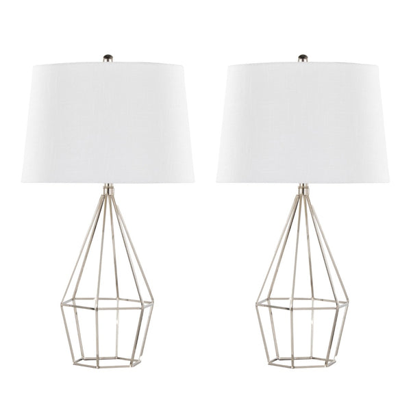 English Elm 27" Contemporary Polished Nickel Metal Lamp Set with Tapered White Linen Shade Pair B202P290974