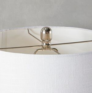 English Elm 27" Contemporary Polished Nickel Metal Lamp Set with Tapered White Linen Shade Pair B202P290974
