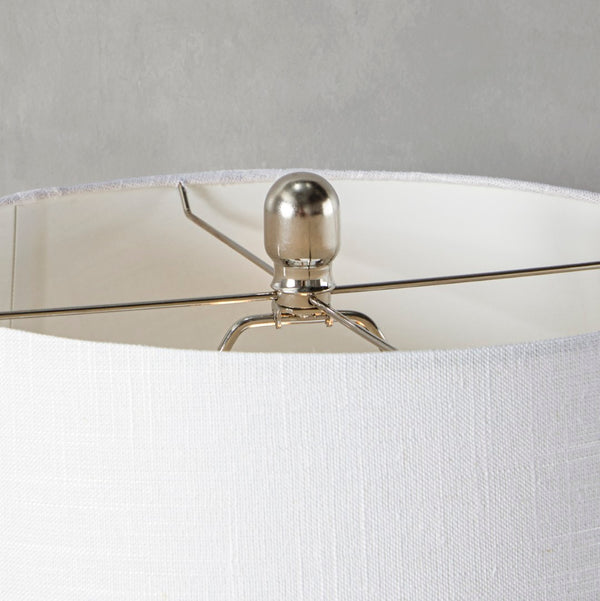English Elm 27" Contemporary Polished Nickel Metal Lamp Set with Tapered White Linen Shade Pair B202P290974