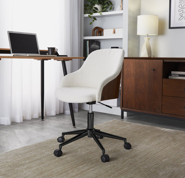 English Elm Contemporary Walnut Wood Swivel Office Chair with Cream Fabric and Matte Base Black Metal B202P290980
