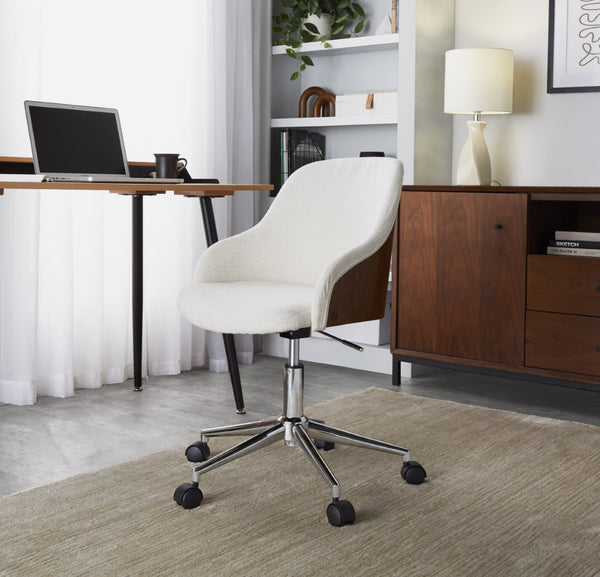 English Elm Contemporary Walnut Wood Swivel Office Chair with Cream Fabric and Matte Base Chrome Metal B202P290981